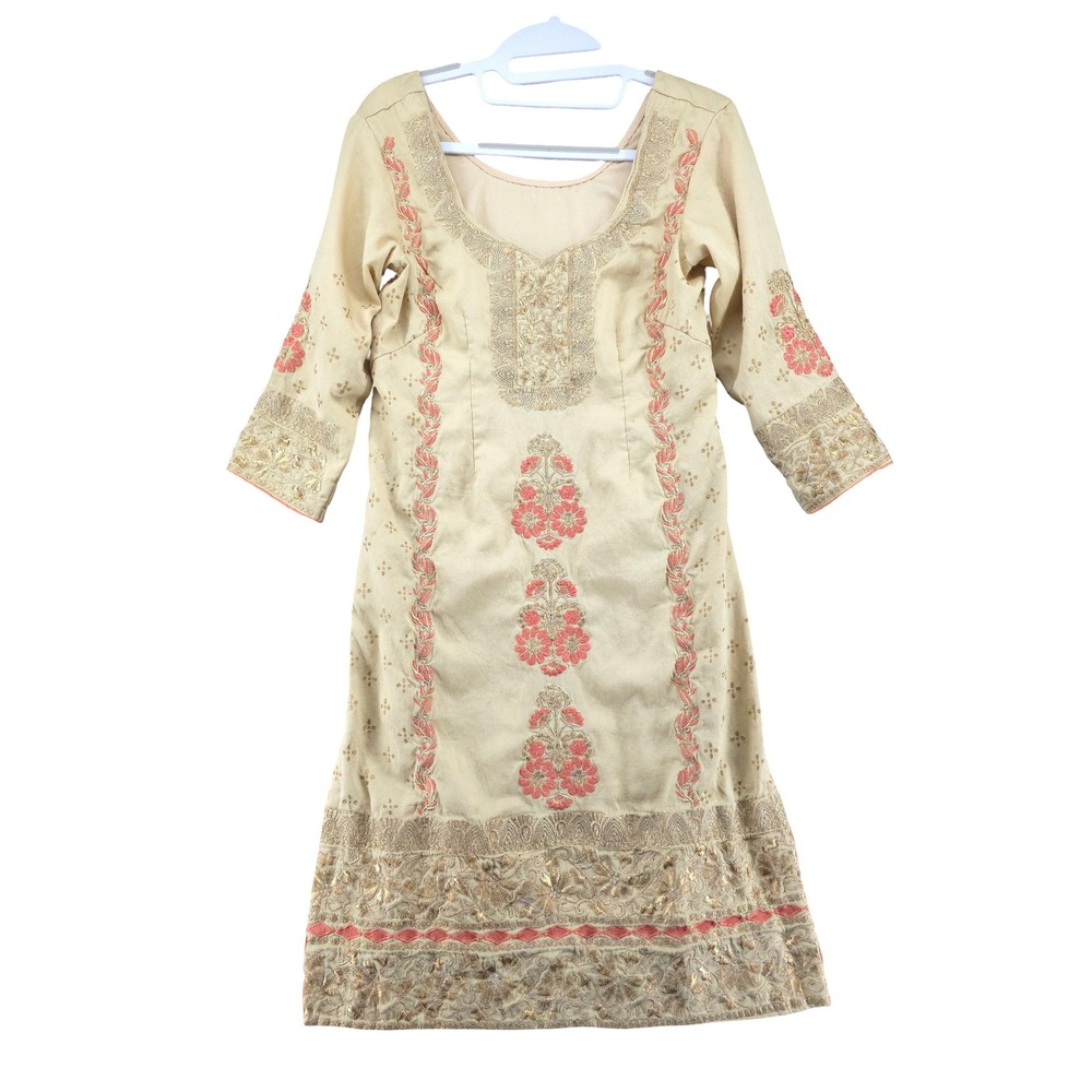 Pakistani Style Embroidered Kurta Kameez Metallic Floral Boho Dress Womens S